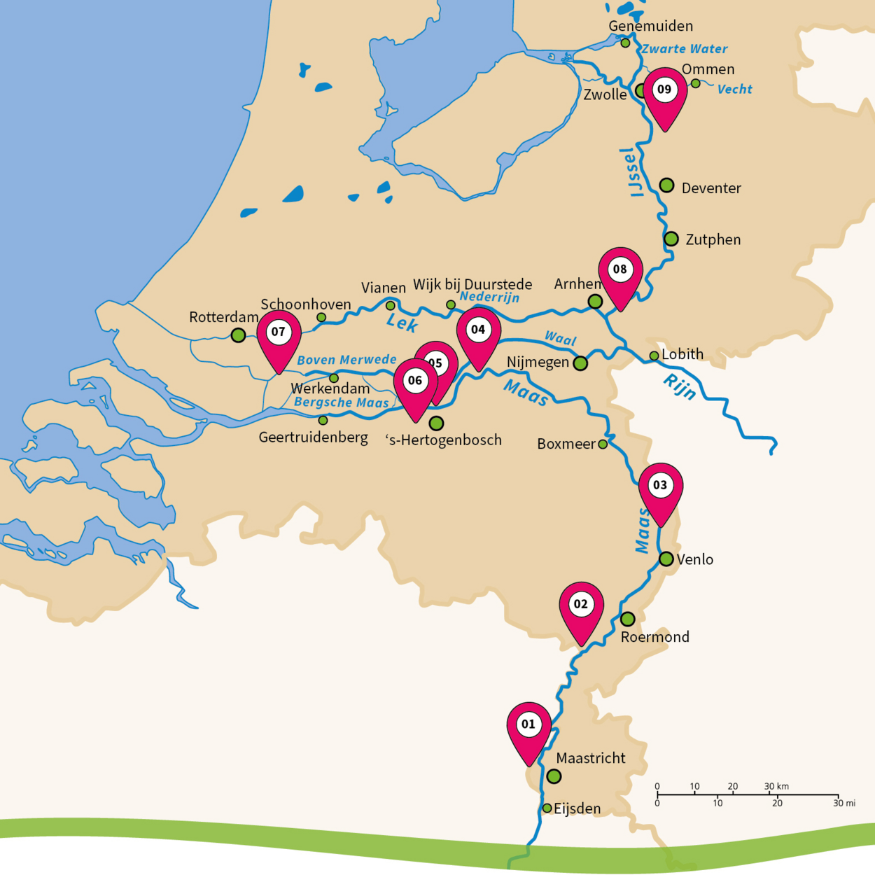 Interactieve overzichtskaart van de pilots van Integraal Riviermanagement in het Nederlande riviergebied