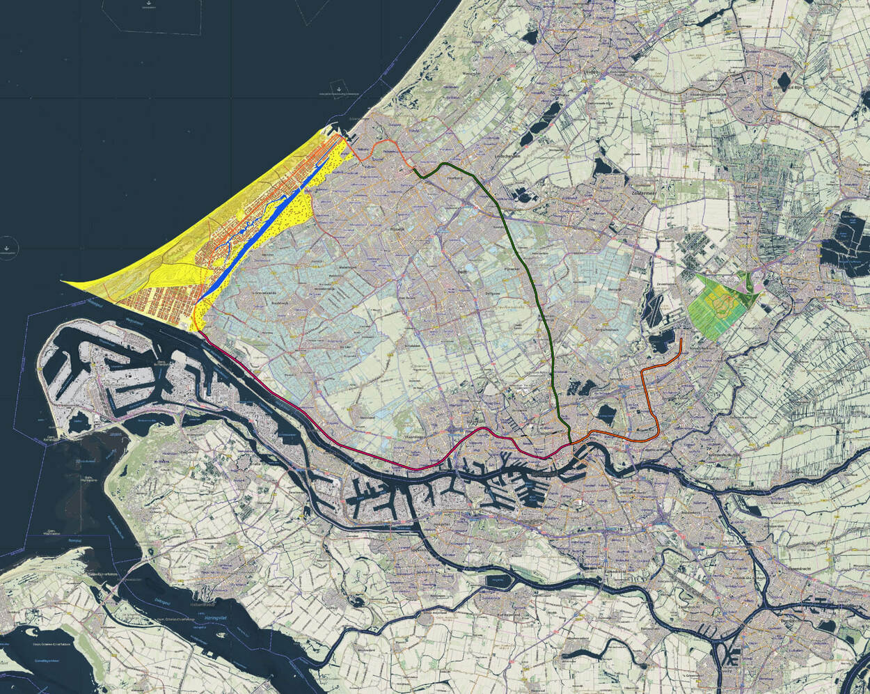 Kaart met het ontwerp van een nieuwe stad voor de kust (Duindoornstad)