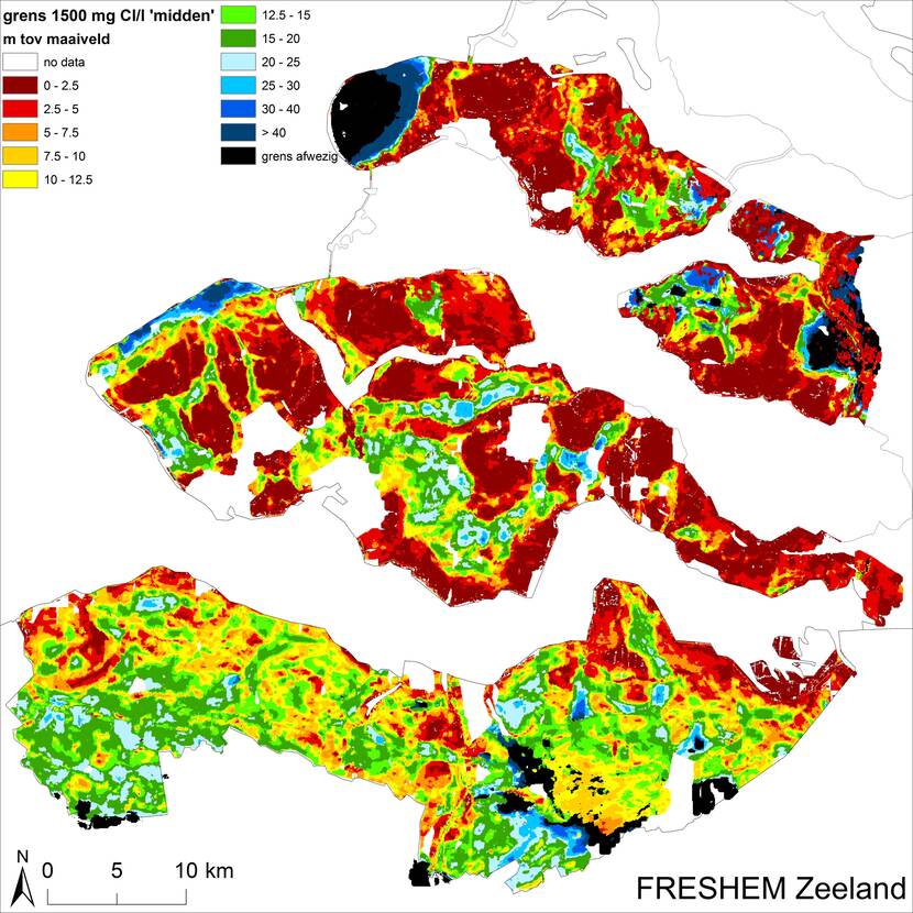 Kaart van het grensvlak tussen zoet en zout grondwater in Zeeland.