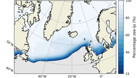 Deze figuur laat zien dat bij een stilgevallen AMOC het zee-ijs in februari zelfs de Noordzee bereikt en zich uitstrekt tot de kusten van Noordwest-Europa, inclusief het noorden van Nederland.