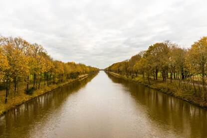 Het Markkanaal vanaf een brug met bomen langs de oever.