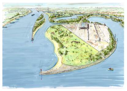 Verbeelding van het schetsontwerp van de meestromende nevengeul